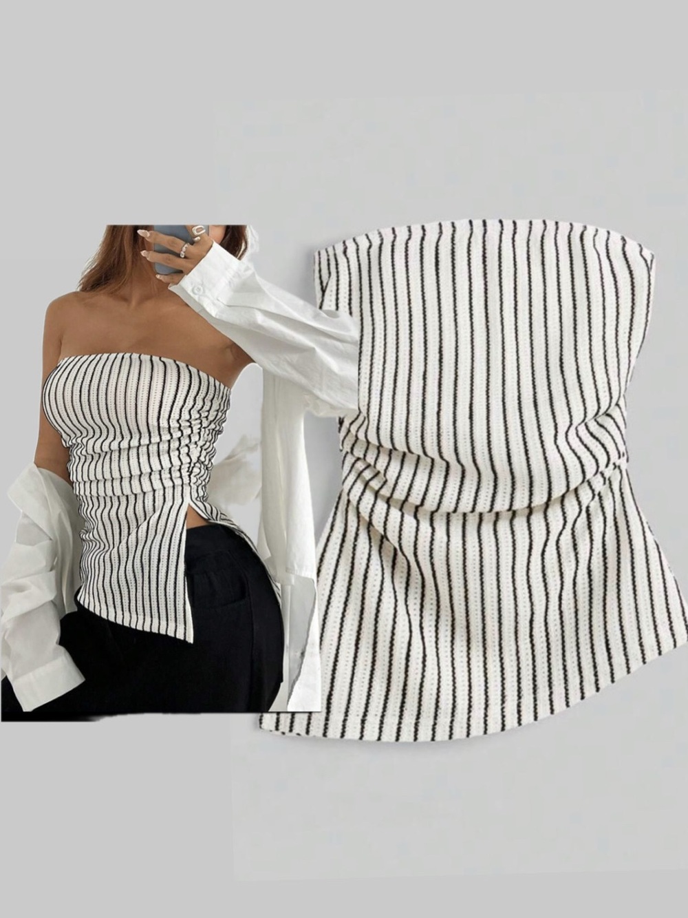 001 Women’s Strapless Asymmetrical Ribbed Top in Black & White